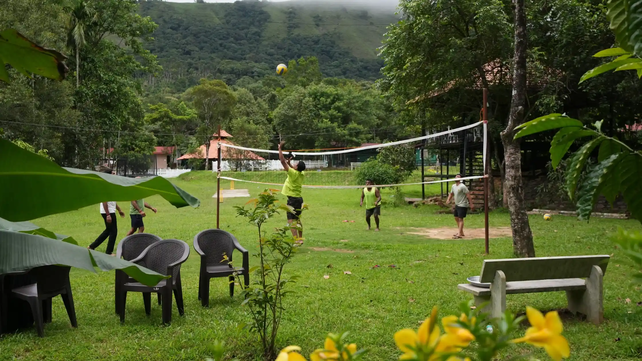 Volleyball activity at one of the budget resorts in Sakleshpur.
